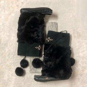 Laurentian Chief Moccasins Size 6 Shoes Black Suede Real Fur